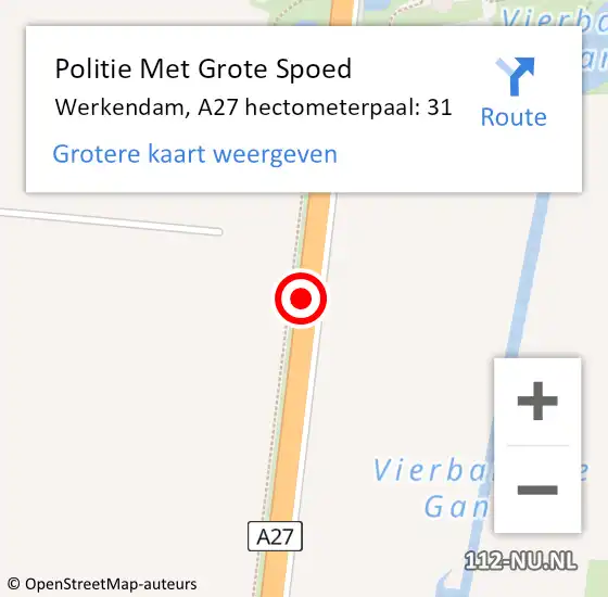 Locatie op kaart van de 112 melding: Politie Met Grote Spoed Naar Werkendam, A27 hectometerpaal: 31 op 13 oktober 2022 07:55
