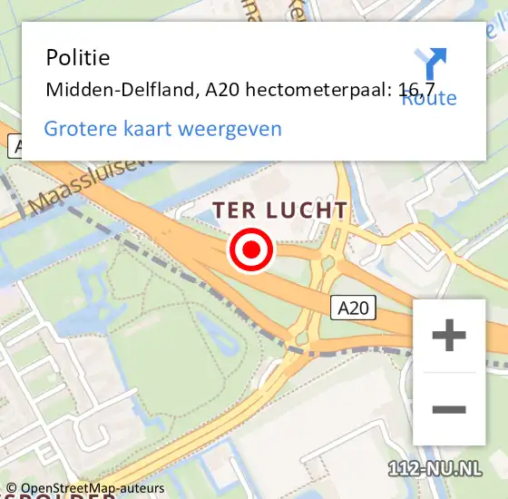 Locatie op kaart van de 112 melding: Politie Midden-Delfland, A20 hectometerpaal: 16,7 op 13 oktober 2022 08:14