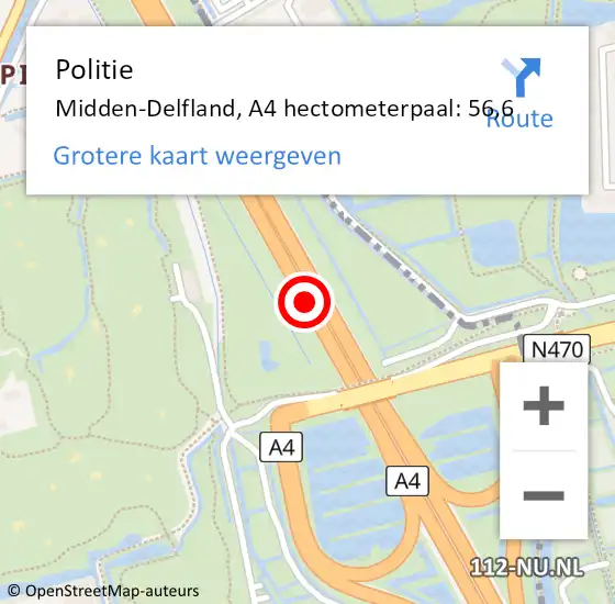 Locatie op kaart van de 112 melding: Politie Delft, A4 hectometerpaal: 56,6 op 13 oktober 2022 08:20