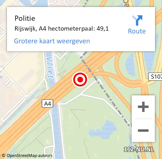 Locatie op kaart van de 112 melding: Politie Den Haag, A4 hectometerpaal: 49,1 op 13 oktober 2022 10:39