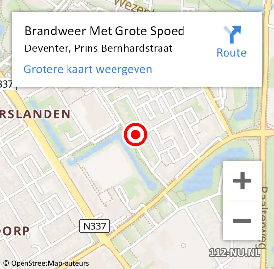 Locatie op kaart van de 112 melding: Brandweer Met Grote Spoed Naar Deventer, Prins Bernhardstraat op 13 oktober 2022 12:08