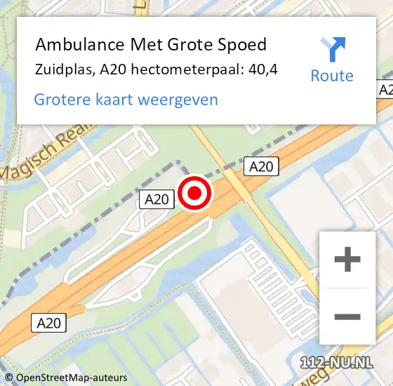 Locatie op kaart van de 112 melding: Ambulance Met Grote Spoed Naar Zuidplas, A20 hectometerpaal: 40,4 op 13 oktober 2022 13:20