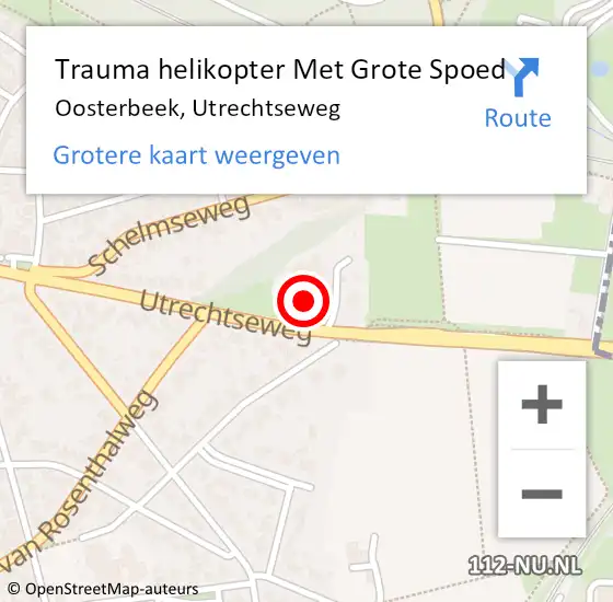 Locatie op kaart van de 112 melding: Trauma helikopter Met Grote Spoed Naar Oosterbeek, Utrechtseweg op 13 oktober 2022 13:32