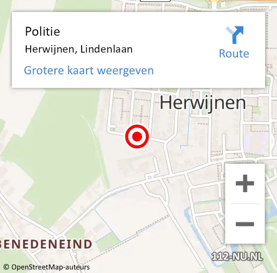 Locatie op kaart van de 112 melding: Politie Herwijnen, Lindenlaan op 13 oktober 2022 14:49