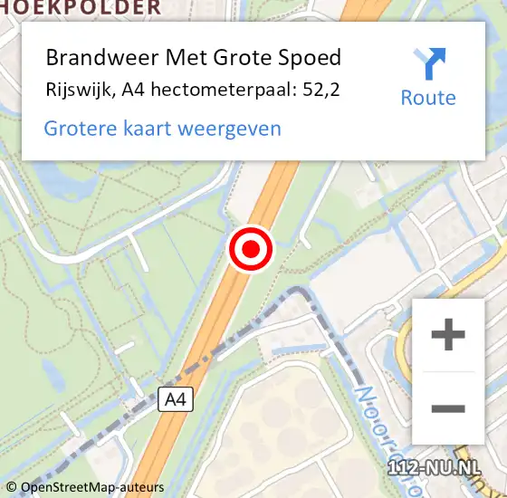 Locatie op kaart van de 112 melding: Brandweer Met Grote Spoed Naar Rijswijk, A4 hectometerpaal: 52,2 op 13 oktober 2022 15:03