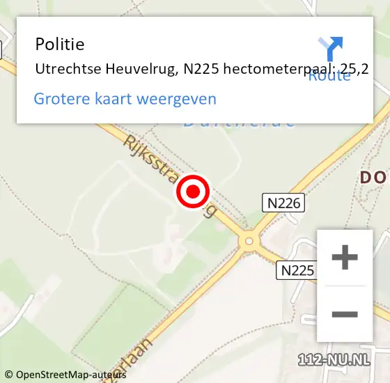 Locatie op kaart van de 112 melding: Politie Utrechtse Heuvelrug, N225 hectometerpaal: 25,2 op 13 oktober 2022 16:07