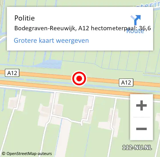 Locatie op kaart van de 112 melding: Politie Bodegraven-Reeuwijk, A12 hectometerpaal: 36,6 op 13 oktober 2022 16:33