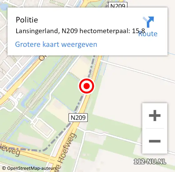 Locatie op kaart van de 112 melding: Politie Lansingerland, N209 hectometerpaal: 15,8 op 13 oktober 2022 16:40