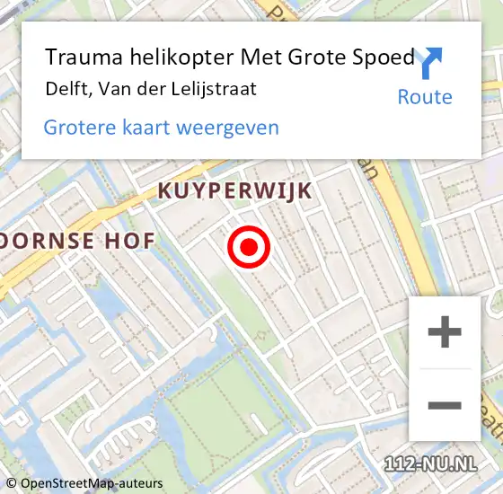 Locatie op kaart van de 112 melding: Trauma helikopter Met Grote Spoed Naar Delft, Van der Lelijstraat op 13 oktober 2022 16:48