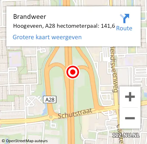 Locatie op kaart van de 112 melding: Brandweer Hoogeveen, A28 hectometerpaal: 141,6 op 13 oktober 2022 17:02