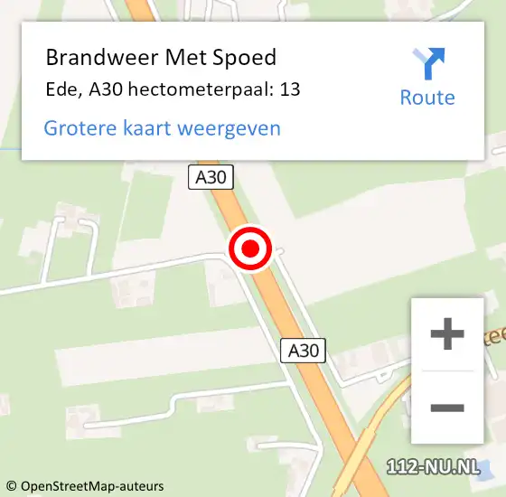 Locatie op kaart van de 112 melding: Brandweer Met Spoed Naar Ede, A30 hectometerpaal: 13 op 13 oktober 2022 17:47