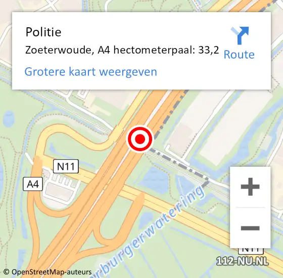 Locatie op kaart van de 112 melding: Politie Zoeterwoude, A4 hectometerpaal: 33,2 op 13 oktober 2022 17:55