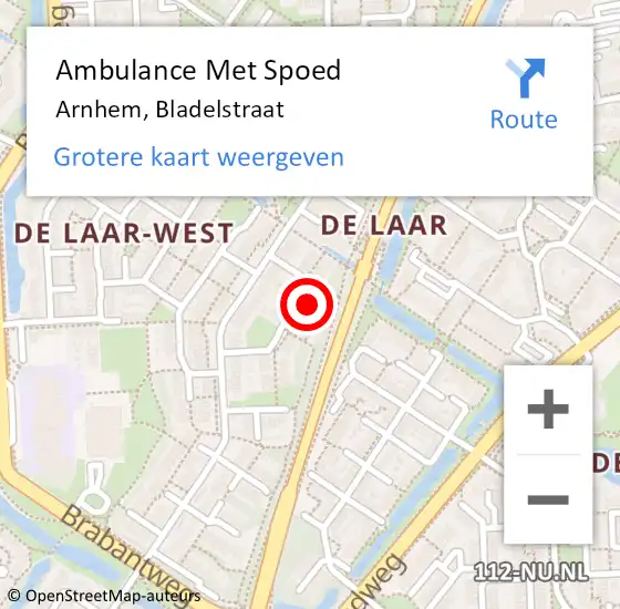 Locatie op kaart van de 112 melding: Ambulance Met Spoed Naar Arnhem, Bladelstraat op 13 oktober 2022 19:58