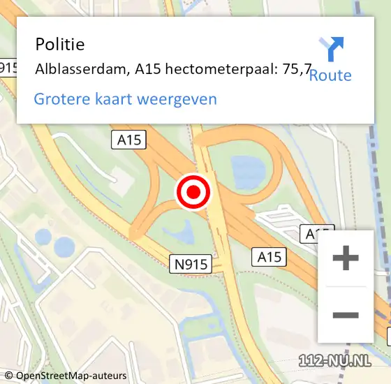 Locatie op kaart van de 112 melding: Politie Alblasserdam, A15 hectometerpaal: 75,7 op 13 oktober 2022 21:07