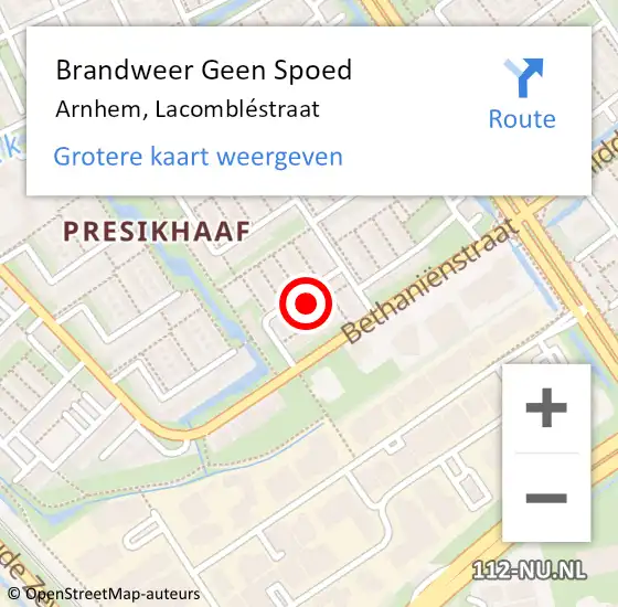 Locatie op kaart van de 112 melding: Brandweer Geen Spoed Naar Arnhem, Lacombléstraat op 14 oktober 2022 08:44