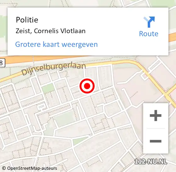 Locatie op kaart van de 112 melding: Politie Zeist, Cornelis Vlotlaan op 14 oktober 2022 09:43