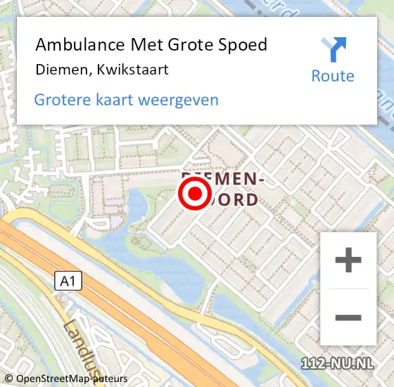 Locatie op kaart van de 112 melding: Ambulance Met Grote Spoed Naar Diemen, Kwikstaart op 14 oktober 2022 10:39