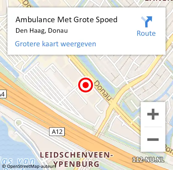 Locatie op kaart van de 112 melding: Ambulance Met Grote Spoed Naar Den Haag, Donau op 14 oktober 2022 11:48