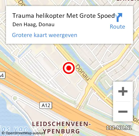 Locatie op kaart van de 112 melding: Trauma helikopter Met Grote Spoed Naar Den Haag, Donau op 14 oktober 2022 11:50