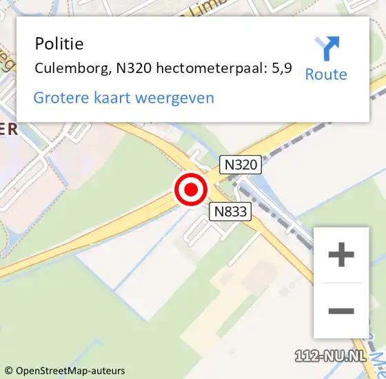 Locatie op kaart van de 112 melding: Politie Culemborg, N320 hectometerpaal: 5,9 op 14 oktober 2022 13:14