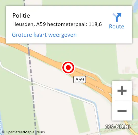 Locatie op kaart van de 112 melding: Politie Heusden, A59 hectometerpaal: 118,6 op 14 oktober 2022 14:39