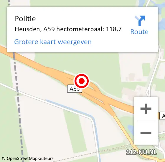 Locatie op kaart van de 112 melding: Politie Heusden, A59 hectometerpaal: 118,7 op 14 oktober 2022 14:41