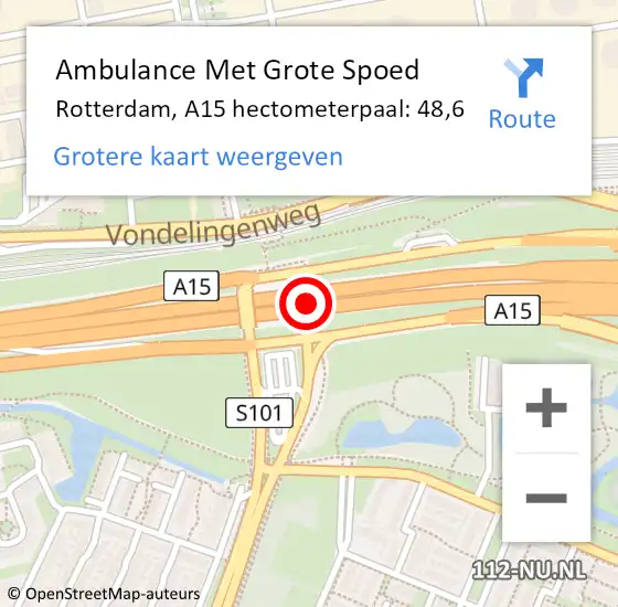 Locatie op kaart van de 112 melding: Ambulance Met Grote Spoed Naar Rotterdam, A15 hectometerpaal: 48,6 op 14 oktober 2022 15:31