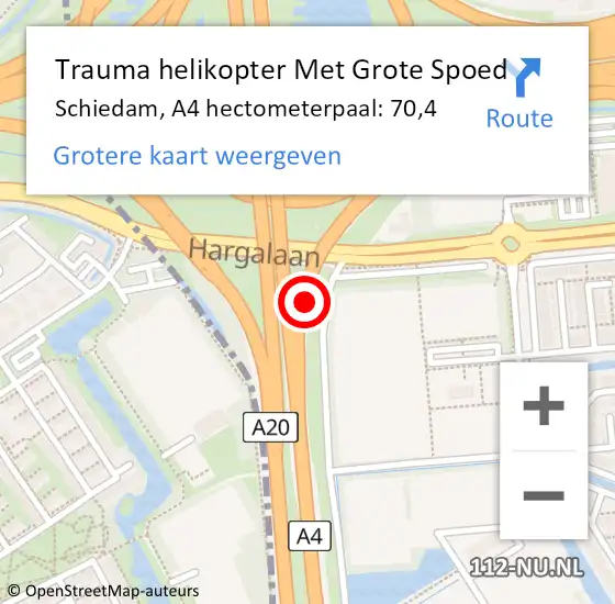 Locatie op kaart van de 112 melding: Trauma helikopter Met Grote Spoed Naar Schiedam, A4 hectometerpaal: 70,4 op 14 oktober 2022 16:10