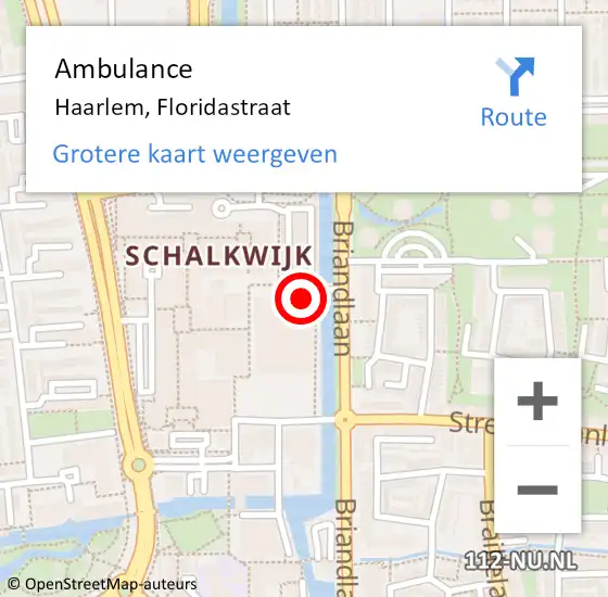 Locatie op kaart van de 112 melding: Ambulance Haarlem, Floridastraat op 14 oktober 2022 16:36