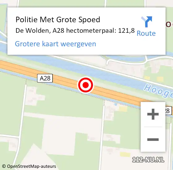 Locatie op kaart van de 112 melding: Politie Met Grote Spoed Naar De Wolden, A28 hectometerpaal: 121,8 op 14 oktober 2022 17:18
