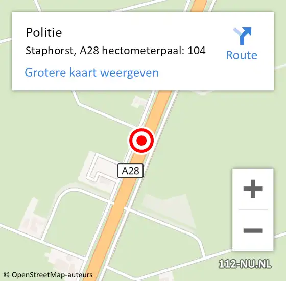 Locatie op kaart van de 112 melding: Politie Staphorst, A28 hectometerpaal: 104 op 14 oktober 2022 17:29