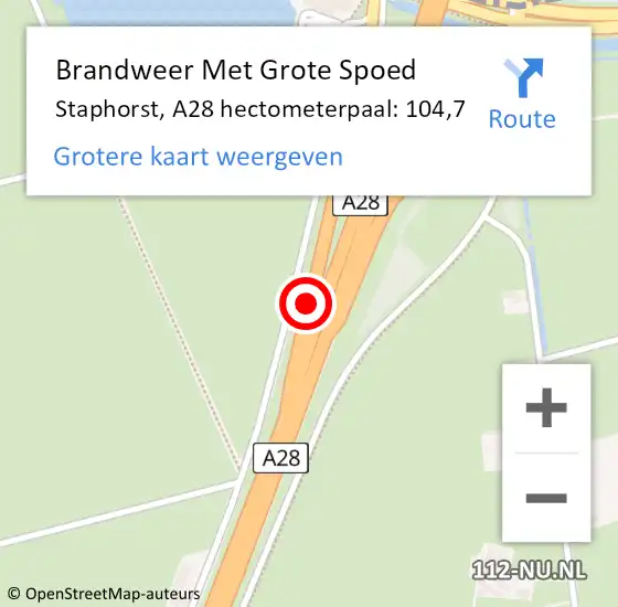 Locatie op kaart van de 112 melding: Brandweer Met Grote Spoed Naar Staphorst, A28 hectometerpaal: 104,7 op 14 oktober 2022 17:35