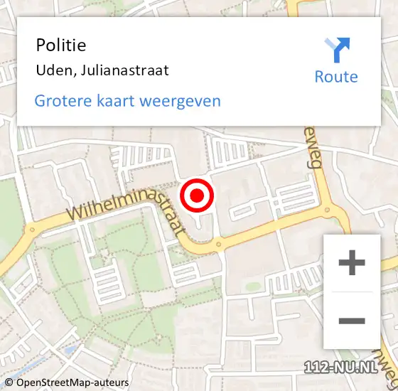 Locatie op kaart van de 112 melding: Politie Uden, Julianastraat op 14 oktober 2022 18:17