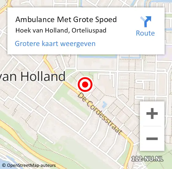 Locatie op kaart van de 112 melding: Ambulance Met Grote Spoed Naar Hoek van Holland, Orteliuspad op 14 oktober 2022 18:37