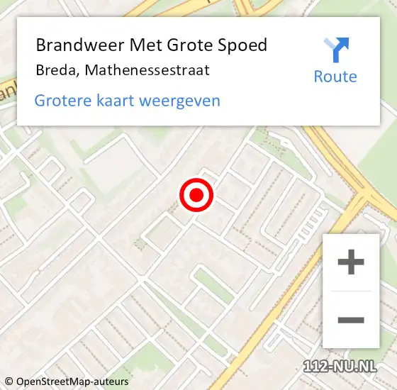 Locatie op kaart van de 112 melding: Brandweer Met Grote Spoed Naar Breda, Mathenessestraat op 14 oktober 2022 19:21