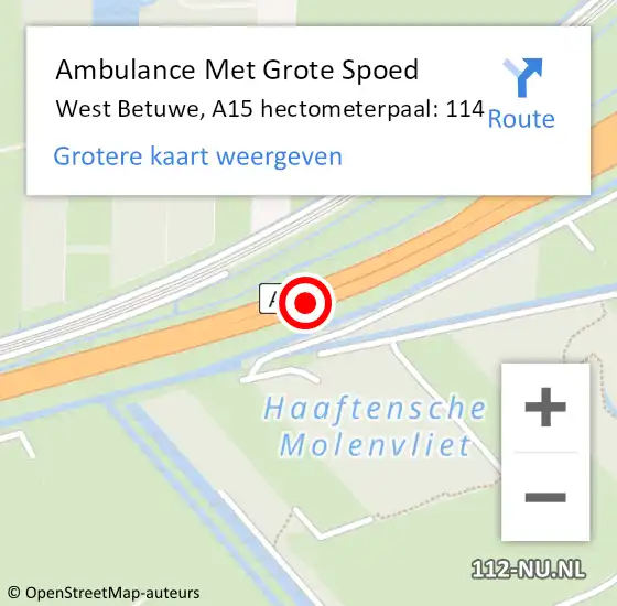 Locatie op kaart van de 112 melding: Ambulance Met Grote Spoed Naar West Betuwe, A15 hectometerpaal: 114 op 14 oktober 2022 19:53