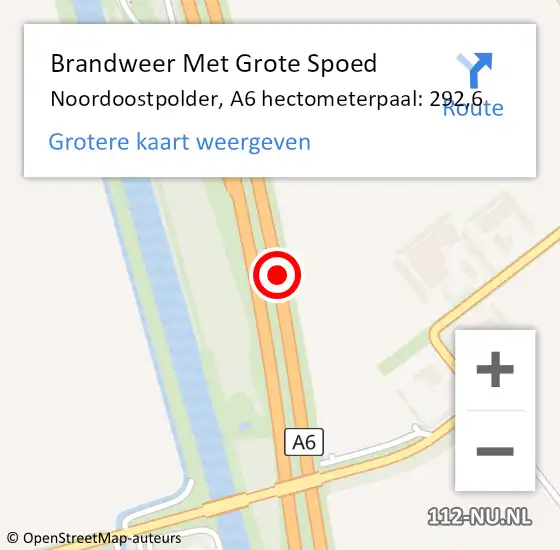 Locatie op kaart van de 112 melding: Brandweer Met Grote Spoed Naar Noordoostpolder, A6 hectometerpaal: 292,6 op 14 oktober 2022 21:07