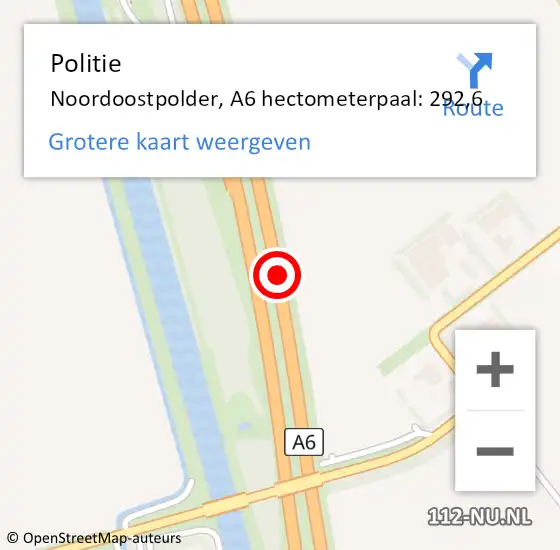 Locatie op kaart van de 112 melding: Politie Noordoostpolder, A6 hectometerpaal: 292,6 op 14 oktober 2022 21:08