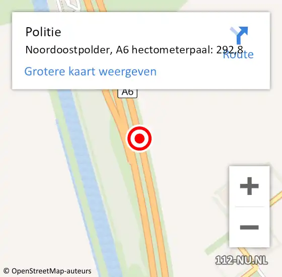 Locatie op kaart van de 112 melding: Politie Noordoostpolder, A6 hectometerpaal: 292,8 op 14 oktober 2022 21:09