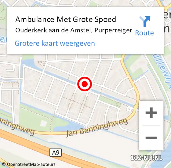 Locatie op kaart van de 112 melding: Ambulance Met Grote Spoed Naar Ouderkerk aan de Amstel, Purperreiger op 15 oktober 2022 05:07