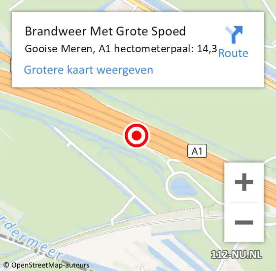 Locatie op kaart van de 112 melding: Brandweer Met Grote Spoed Naar Gooise Meren, A1 hectometerpaal: 14,3 op 15 oktober 2022 05:58