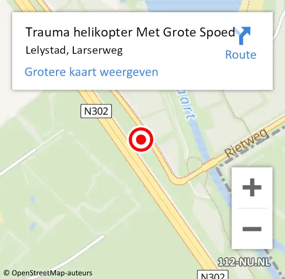 Locatie op kaart van de 112 melding: Trauma helikopter Met Grote Spoed Naar Lelystad, Larserweg op 15 oktober 2022 10:15