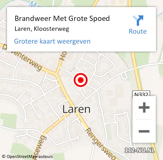 Locatie op kaart van de 112 melding: Brandweer Met Grote Spoed Naar Laren, Kloosterweg op 15 oktober 2022 10:30