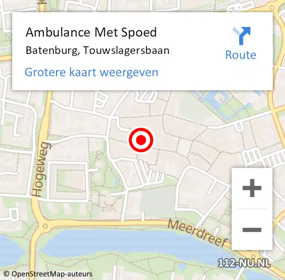 Locatie op kaart van de 112 melding: Ambulance Met Spoed Naar Batenburg, Touwslagersbaan op 15 oktober 2022 11:43