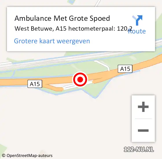 Locatie op kaart van de 112 melding: Ambulance Met Grote Spoed Naar West Betuwe, A15 hectometerpaal: 120,2 op 15 oktober 2022 11:54