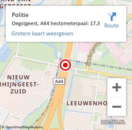 Locatie op kaart van de 112 melding: Politie Oegstgeest, A44 hectometerpaal: 17,3 op 15 oktober 2022 11:56