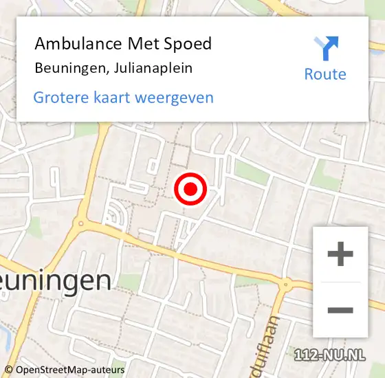 Locatie op kaart van de 112 melding: Ambulance Met Spoed Naar Beuningen, Julianaplein op 15 oktober 2022 12:00