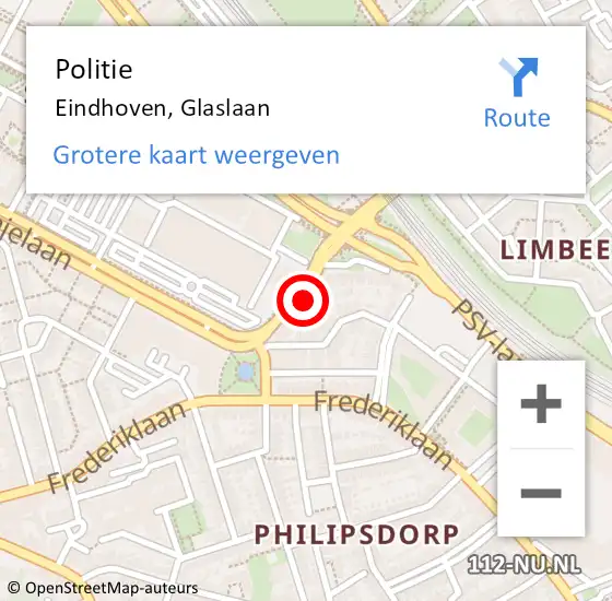 Locatie op kaart van de 112 melding: Politie Eindhoven, Glaslaan op 15 oktober 2022 12:02