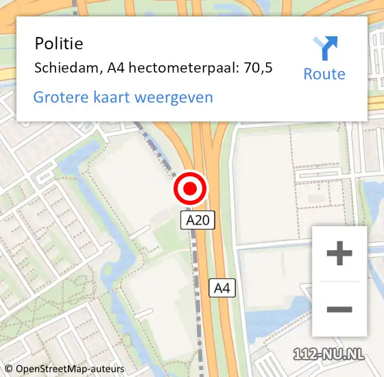 Locatie op kaart van de 112 melding: Politie Schiedam, A4 hectometerpaal: 70,5 op 15 oktober 2022 12:23