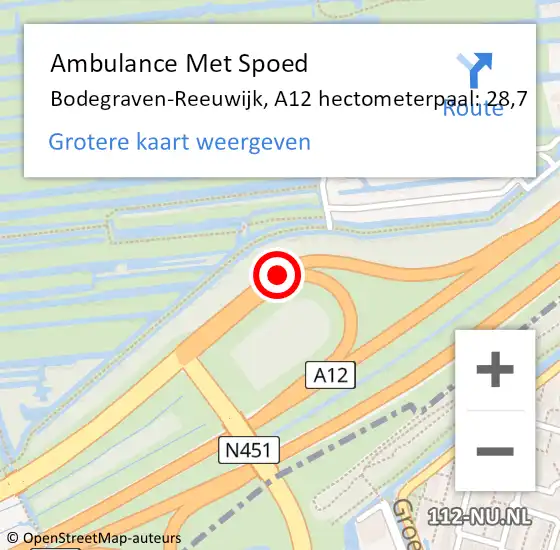 Locatie op kaart van de 112 melding: Ambulance Met Spoed Naar Bodegraven-Reeuwijk, A12 hectometerpaal: 28,7 op 15 oktober 2022 13:06